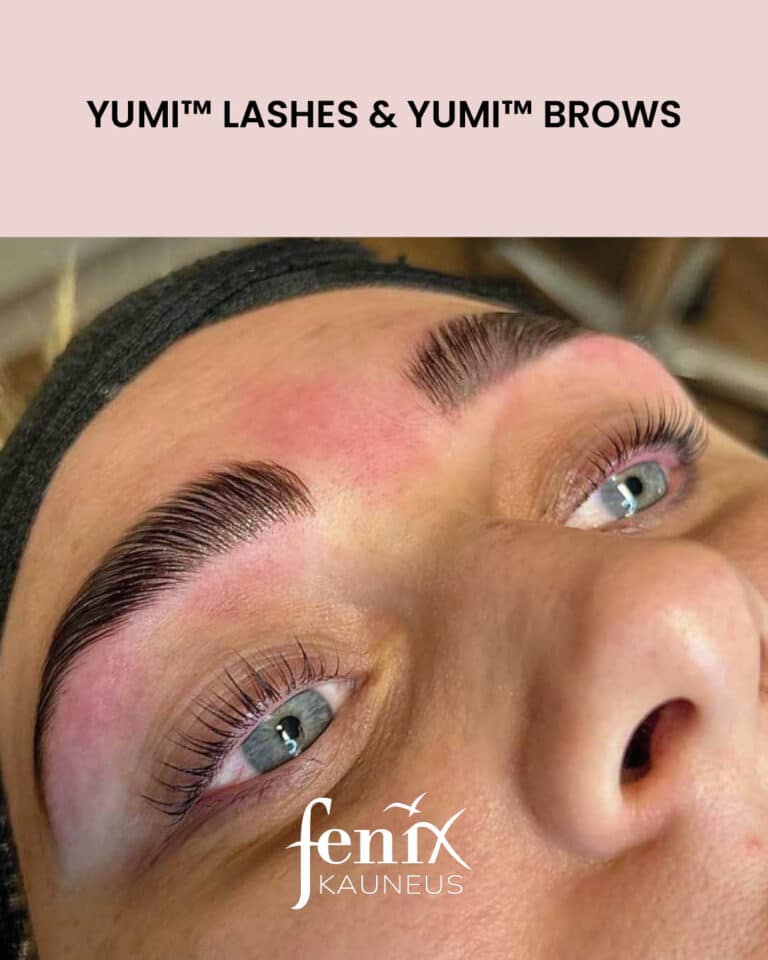 Tuuheat kulmat ja ripset YumiLashes -lashlifti ja YumiBrows -browlifthoidon jalkeen.