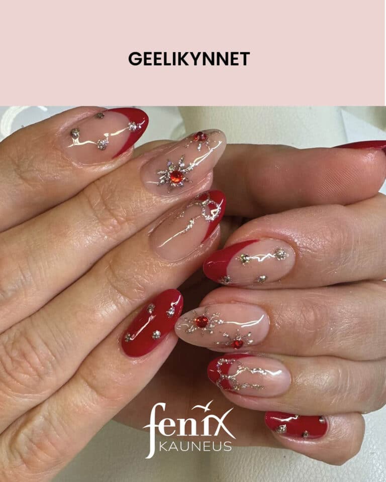 Punaiset geelikynnet, nude ounainen ranskalainen, timanttikoristein.