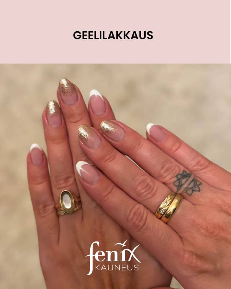 Ranskalainen geelilakkaus, muutamalla kynnellä kullalla tehty babyboomer.