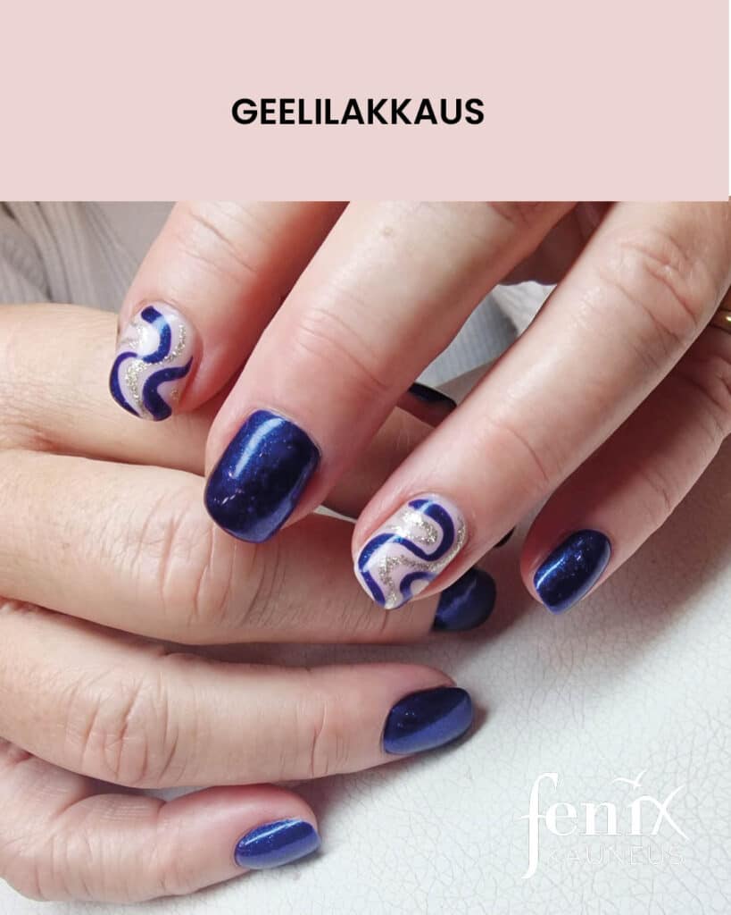 Tummansiniset geelilakkaukset, sinisillä koristeviivoilla.