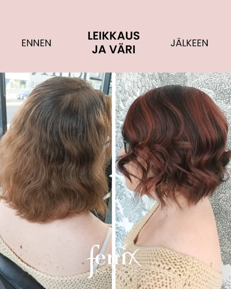 Hiuste varjaus tumman ounaiseksi, kiharrettu loputulos lyhyissä hiuksissa.