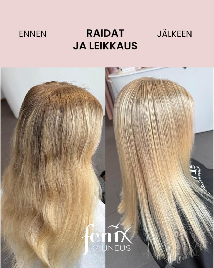 Pitkien hiusten blondit raidat ja hiusten leikkaus.