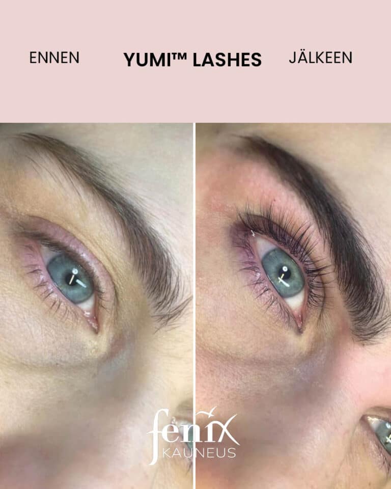 Ripset ennen ja jalkeen YumiLashes ripsien kestotaivutuksen.