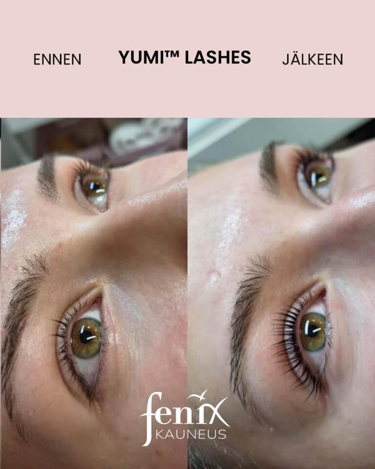 Ripset ennen ja jalkeen YumiLashes kestotaivutushoidon.