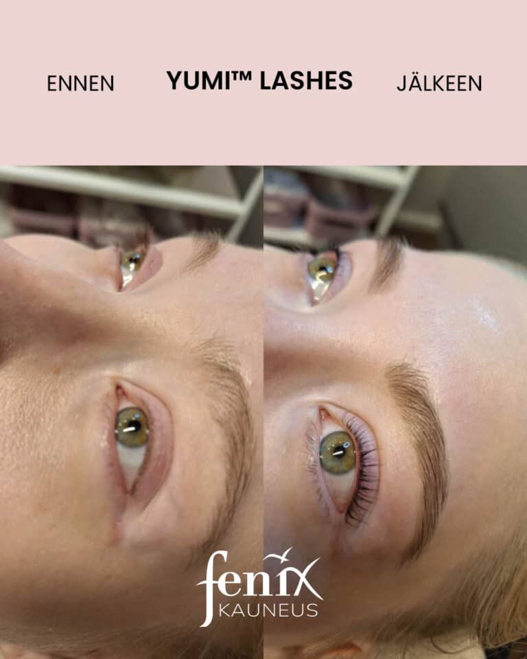Yumilashes ja kulmien kestovarjays ennen ja jalkeen hoidon.