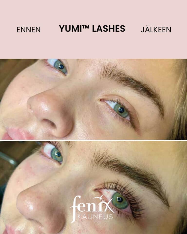 YumiLashes ripsien kestotaivutus ennen ja jalkeen pitkille ja tuuheille ripsille.