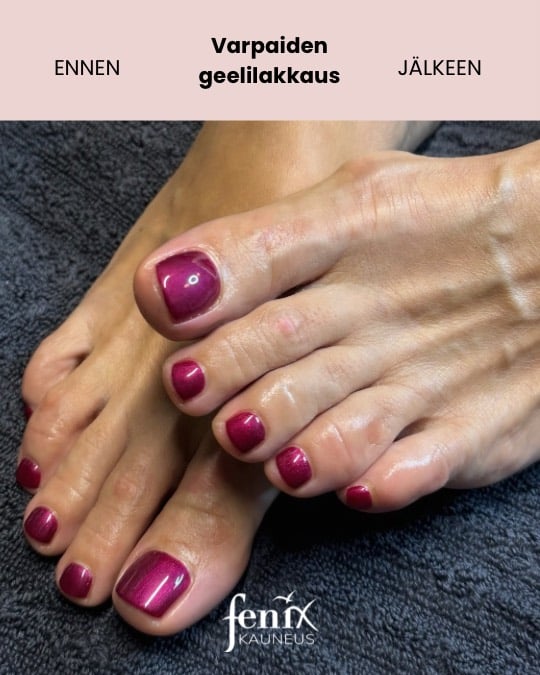 Kiiltävä liila geelilakkaus varpaissa.