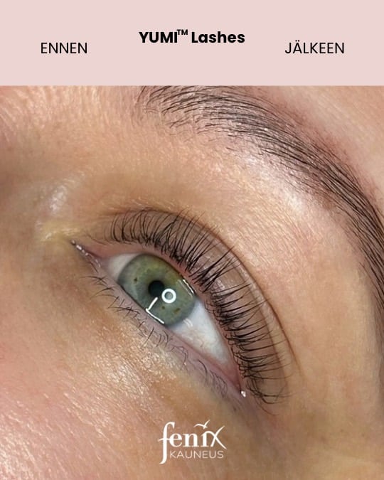 Yumilashes ripsien kestotaivutus jalkeen hoidon lahikuvassa