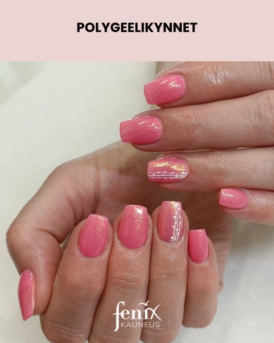 Salmonpink rakennekynnet valkoisilla viivoilla ja kimalteella.
