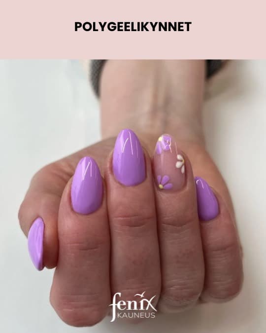 Upeat almon polygeelikynnet lilalla värilla ja pienilla kukkasilla.