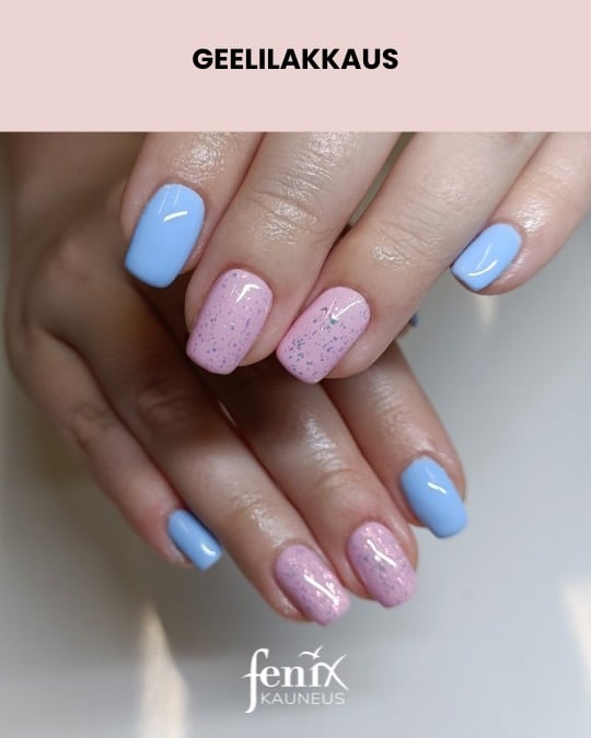 Lyhyet suorat pinkkisiniset geelilakkaukset glitterilla.